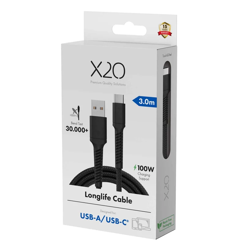X2O Longlife 60W USB-A/C-kabel 3 m svart - 3401049