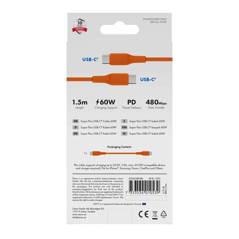 X2O SUPERFLEX 60W USB-C/C-kabel 1,5 m orange - 3401053