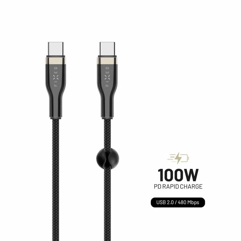 FIXED METAL 100W USB-C/C flätad kabel 1.2m Svart - 8014739