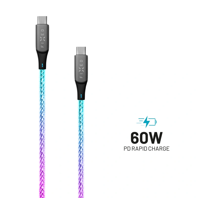 FIXED LED/Gaming USB-C/C 60W kabel 1.2m Flerfärgad - 8014900