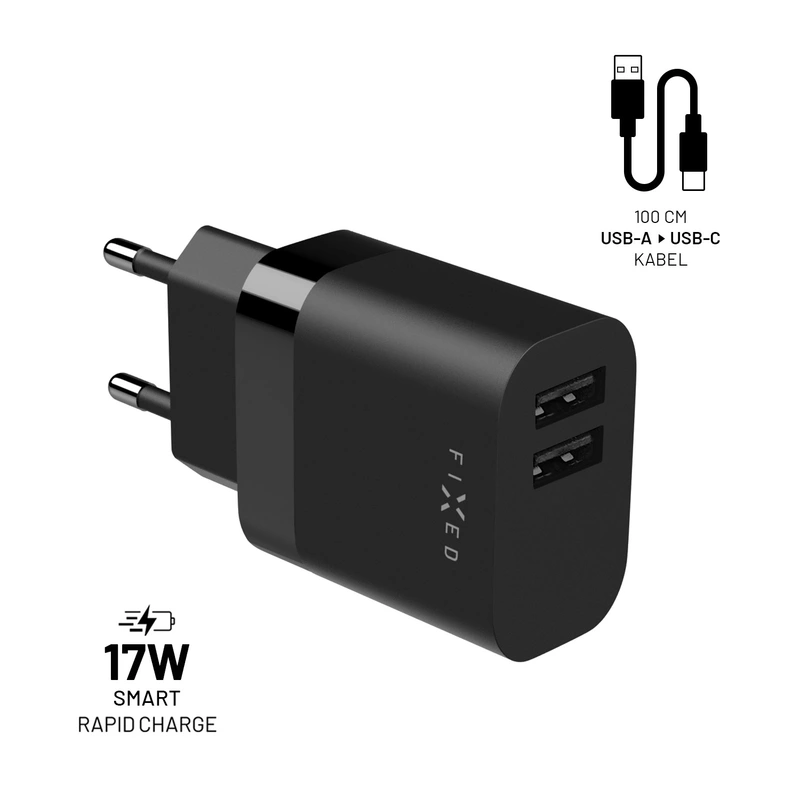 FIXED Hemladdare 2x USB-A 17W/USB-C kabel 1m Svart - 8015120