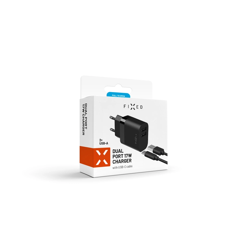 FIXED Hemladdare 2x USB-A 17W/USB-C kabel 1m Svart - 8015120