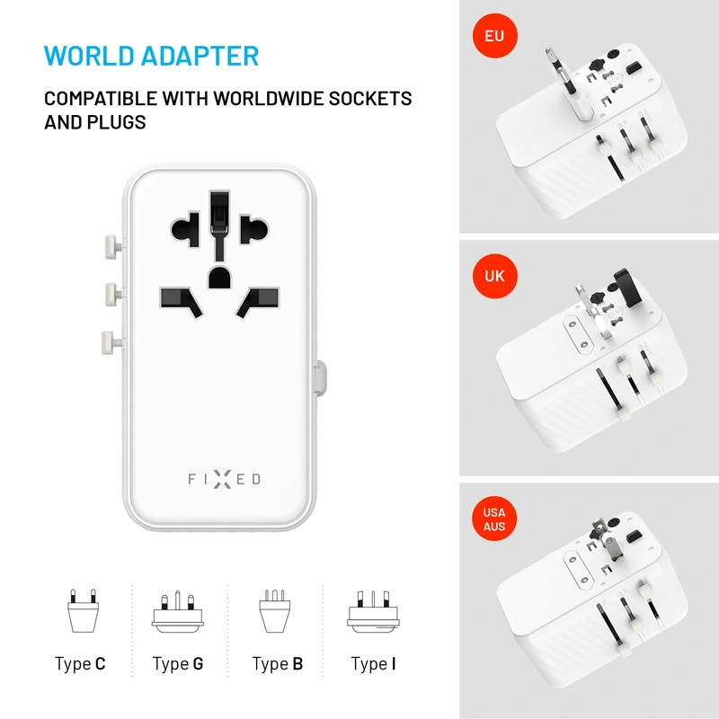 FIXED Reseadapter/laddare USB-C/-A 120W EU/UK/USA/AUS - 8016120
