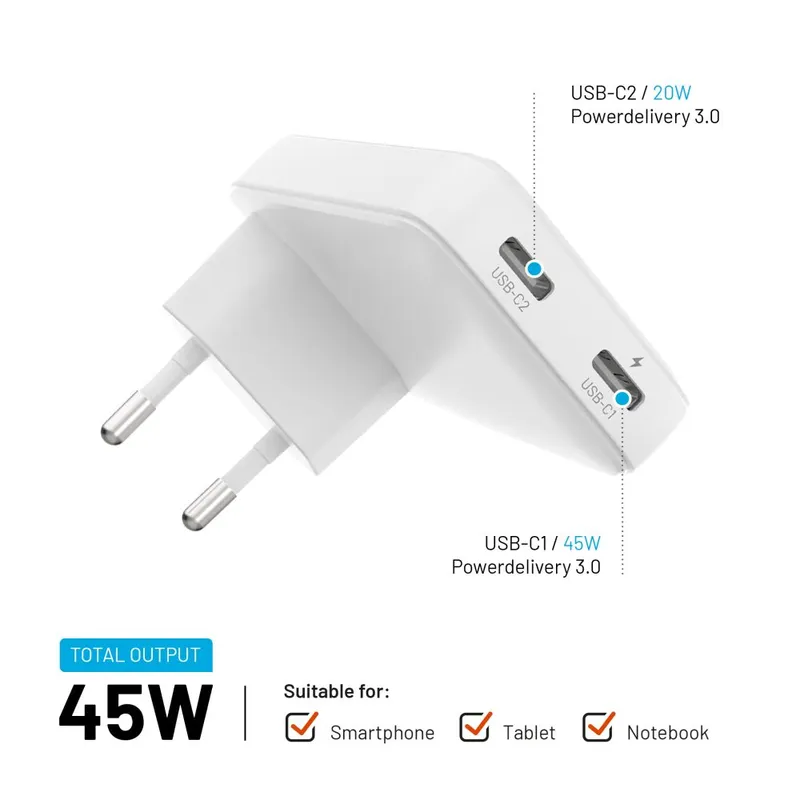 FIXED Slim GaN 90 Super Snabb 2x USB-C laddare 45W Vit - 8016584