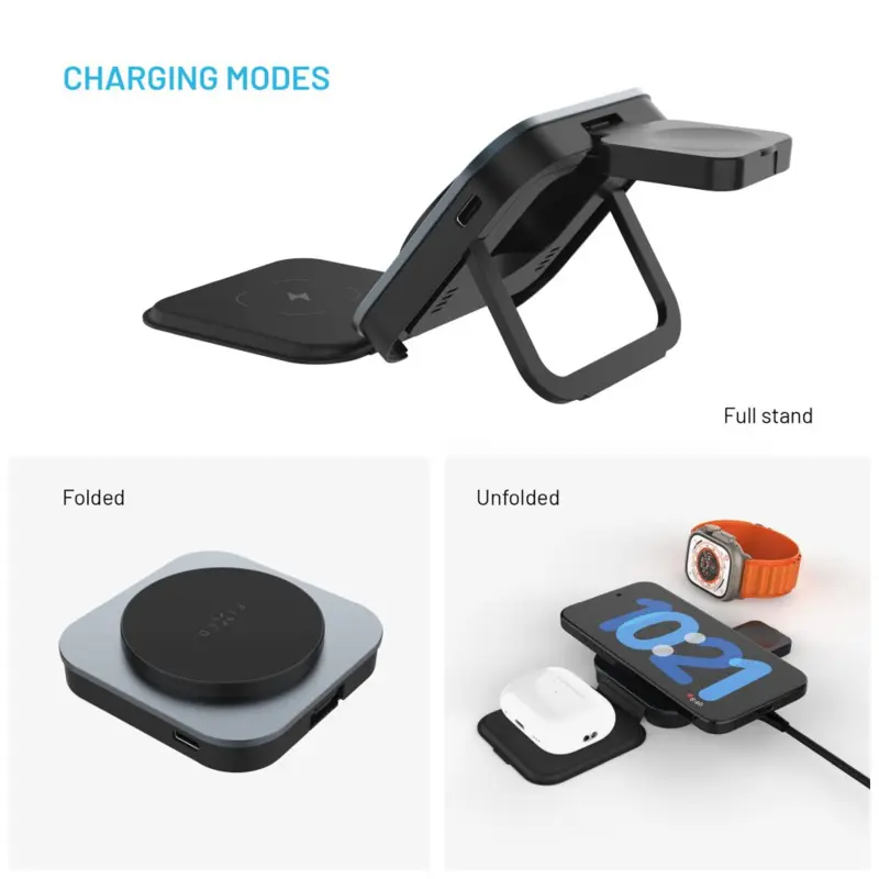 FIXED MagFlex Alu 3i1 vikbar trådlös laddare med stativ - 8017373