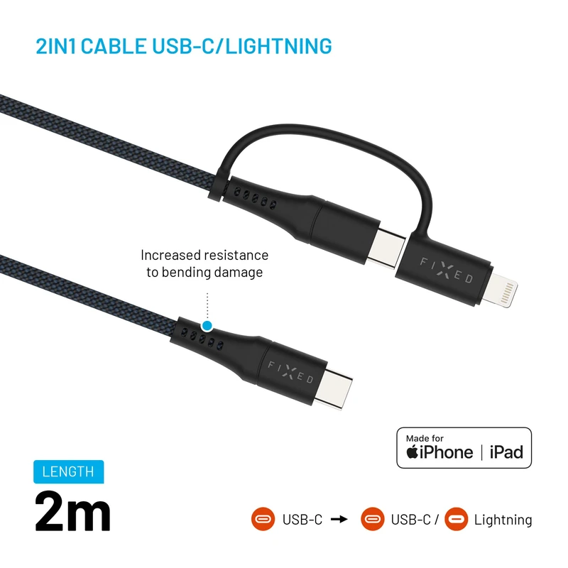 FIXED 2in1 Combo 60W USB-C/Lightning kabel 2m Svart - 8017608