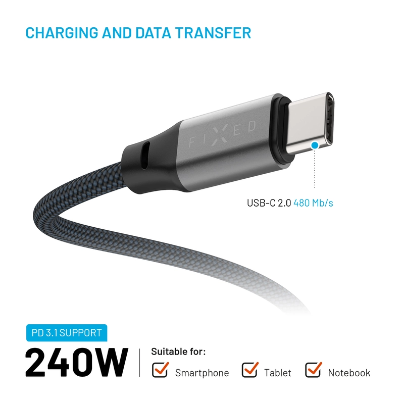 FIXED MAGNETIC 240W USB-C/C trasselfri kabel 2m Svart - 8017610