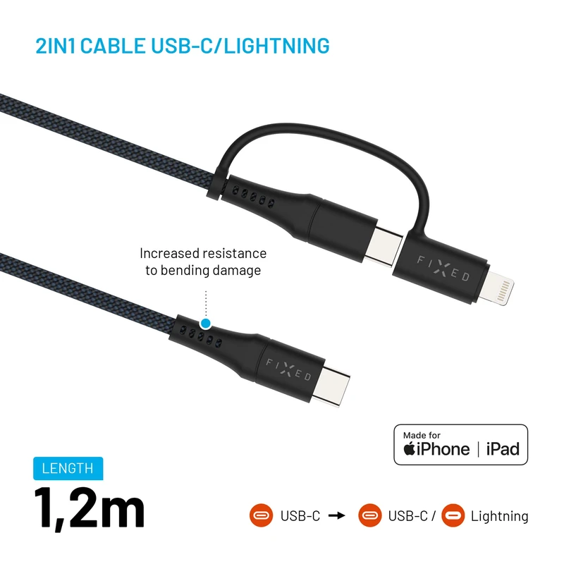 FIXED 2in1 Combo 60W USB-C/Lightning kabel 1.2m Svart - 8017693