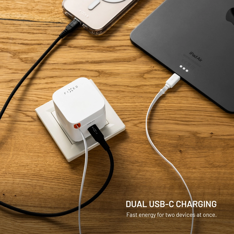 FIXED Supersnabb dubbel USB-C-laddare med utdragbar kabel 65W Vit - 8018601