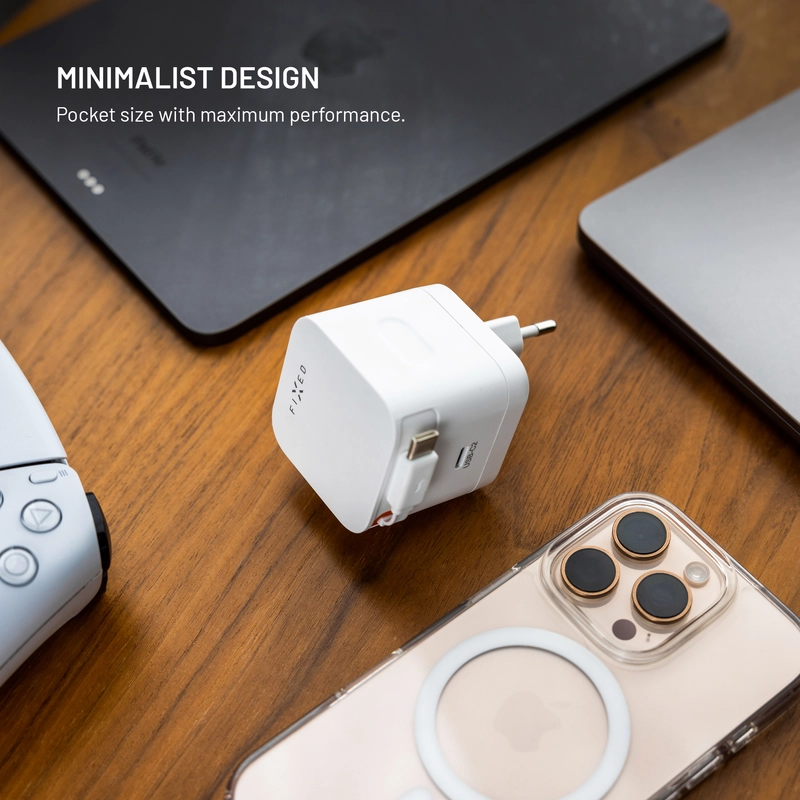 FIXED Supersnabb dubbel USB-C-laddare med utdragbar kabel 65W Vit - 8018601