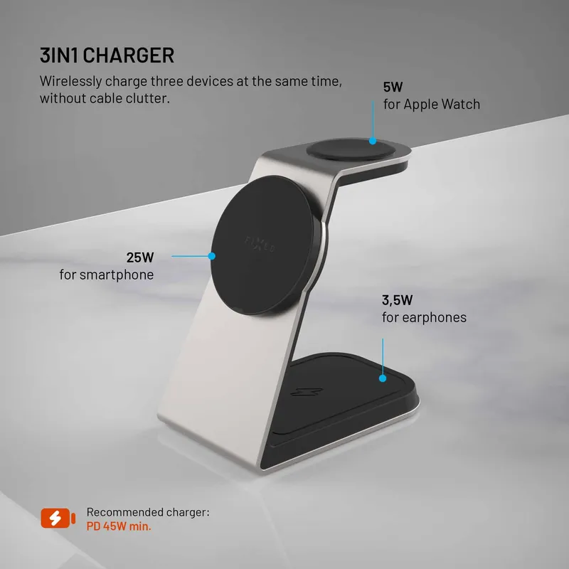 FIXED 3in1 Mag ALU 25W Qi2.2 Trådlös Apple Laddstation Rymdgrå - 8019269