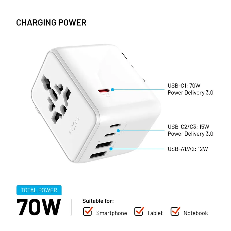 FIXED Reseladdare USB-C/-A 70W EU/Storbritannien/USA/Australien Vit - 8018910