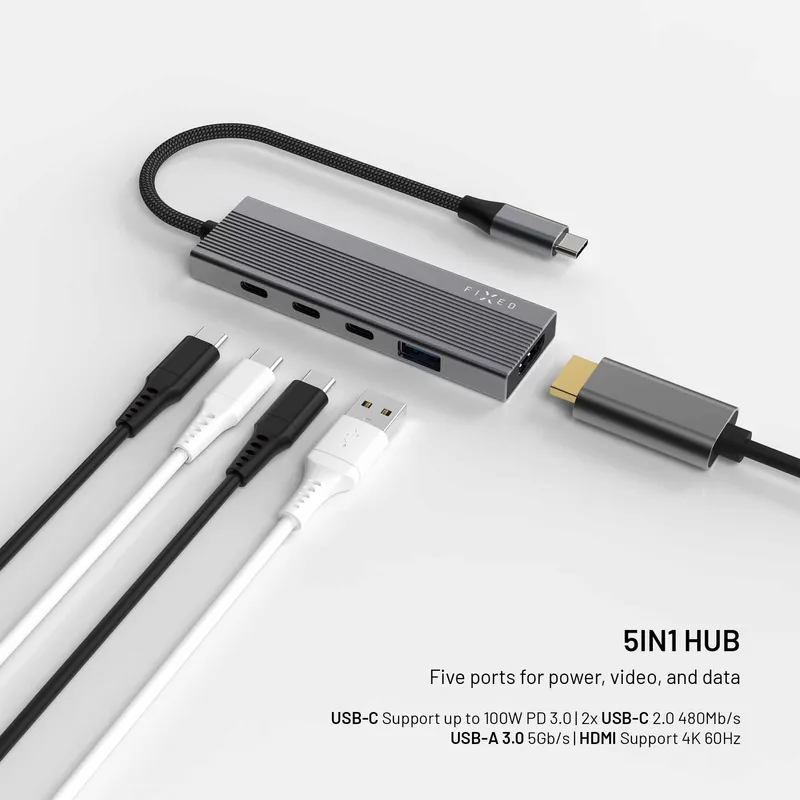 FIXED Hub Core 5in1 Multiport USB-C Hub 4K/60Hz 100W Silver - 8019408