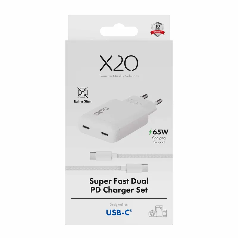 X2O 65W Dual SLIM hemmaladdarset USB-C/C GaN 1.5m vit - 3401057