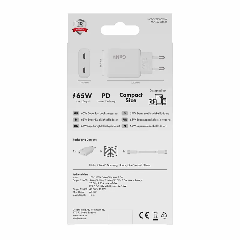 X2O 65W Dual SLIM hemmaladdarset USB-C/C GaN 1.5m vit - 3401057