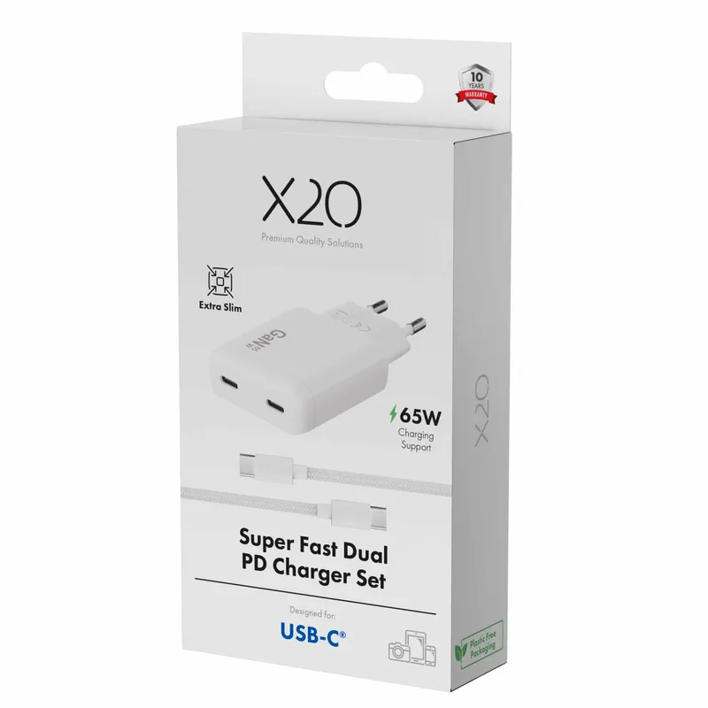 X2O 65W Dual SLIM hemmaladdarset USB-C/C GaN 1.5m vit - 3401057