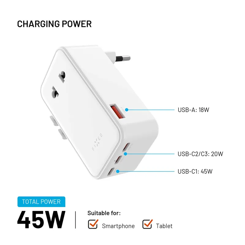 FIXED Reseladdare USB-C/-A 70W EU/Storbritannien/USA/Australien Vit - 8019468