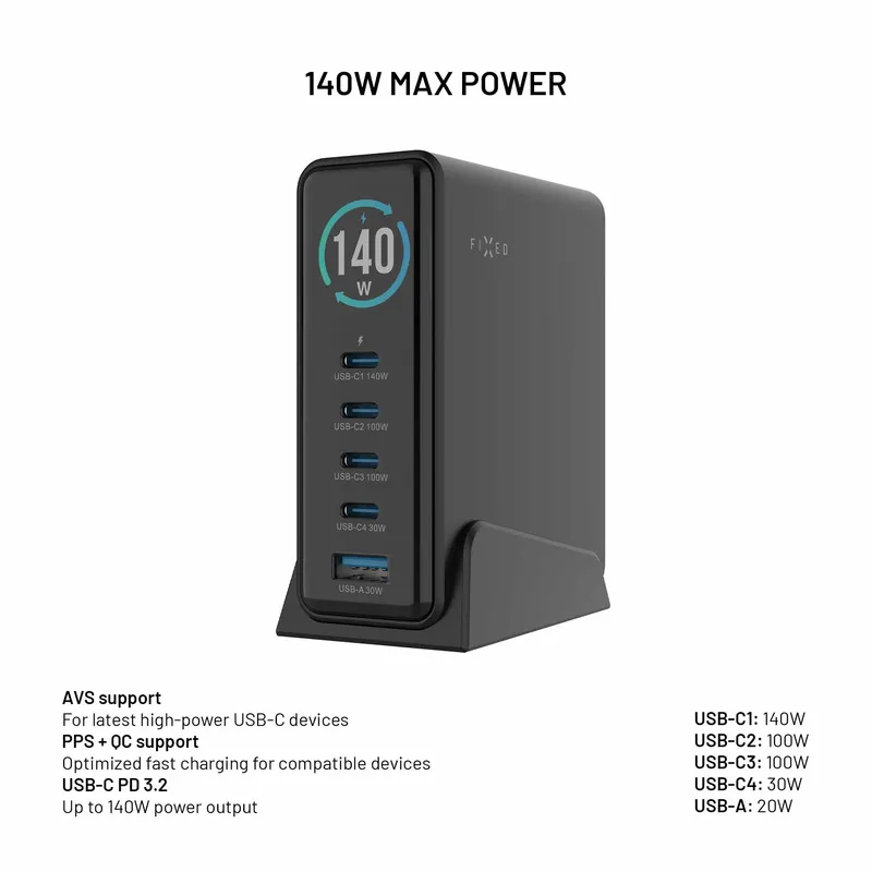FIXED Super Snabb GaN Desktop Laddare 140W 4xUSB-C/USB-A - 8019458