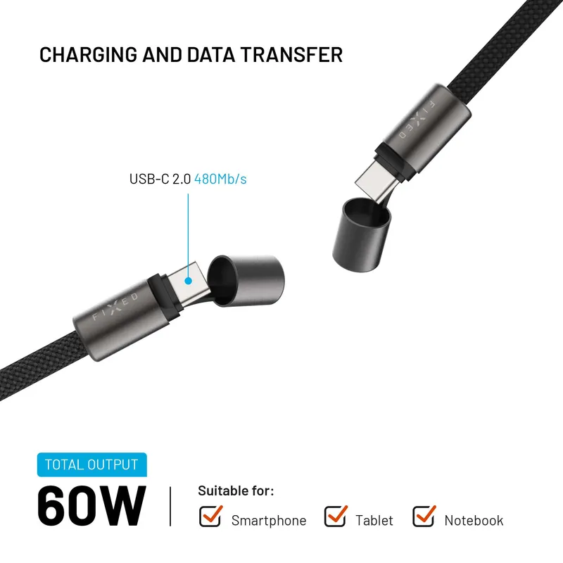 FIXED Nackkabel USB-C/USB-C 1,6m PD 60W Svart - 8019231