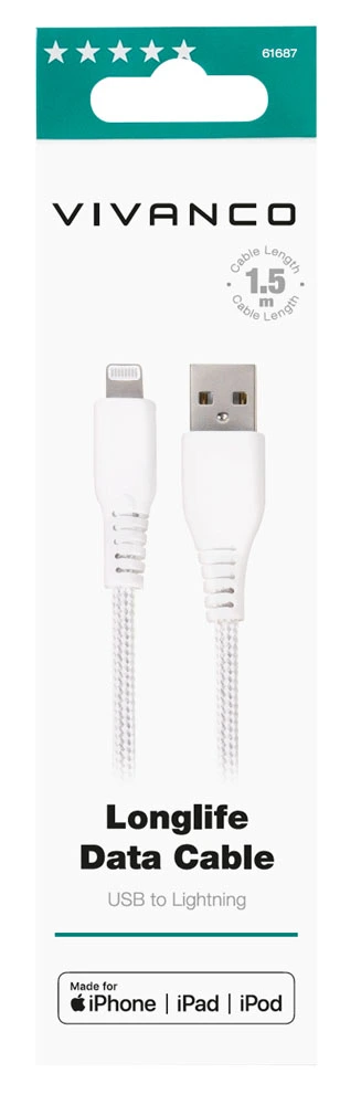 Vivanco Longlife Lightning kabel MFI 1.5m Vit - 2861687