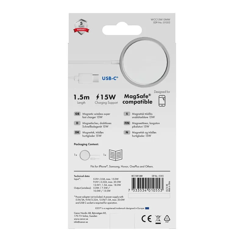 X2O 15W trådlös laddningskabel 1.5m vit - 3401055