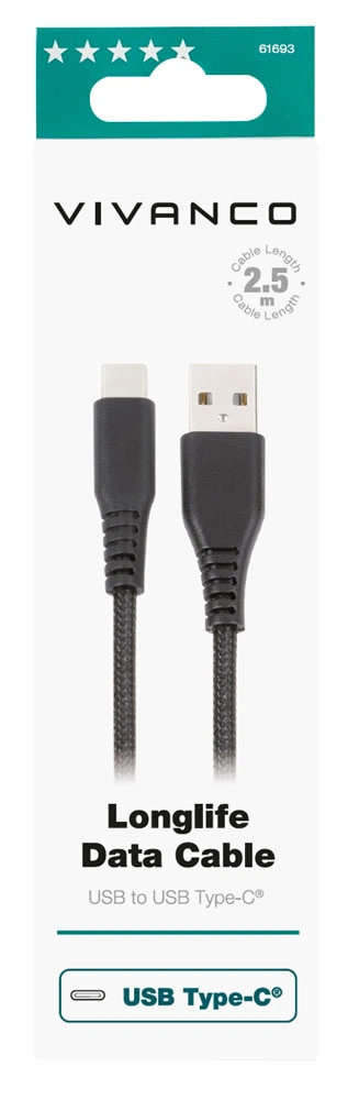 Vivanco Longlife USB-C/USB-A 2.0 kabel 2.5m Svart - 2861693