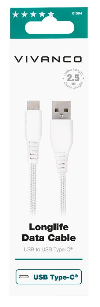 Vivanco Longlife USB-C/USB-A 2.0 kabel 2.5m Vit - 2861694