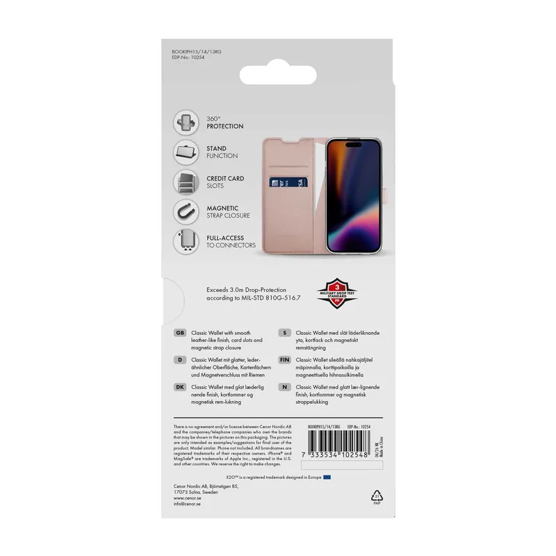 X2O Classic Wallet Plånboksfodral Apple iPhone 15/14/13 Rose Gold - 3410254