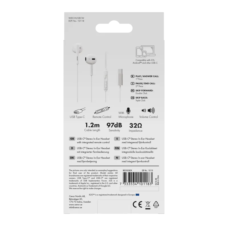 X2O USB-C Capsule In-Ear Headset 1.2m Vit - 3410118