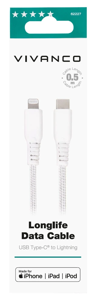 Vivanco Longlife USB-C/Lightning kabel MFI 0.5m Vit - 2862227