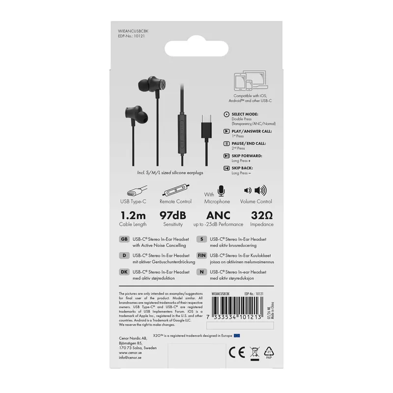 X2O USB-C ANC Silicone In-Ear Headset 1.2m Svart - 3410121