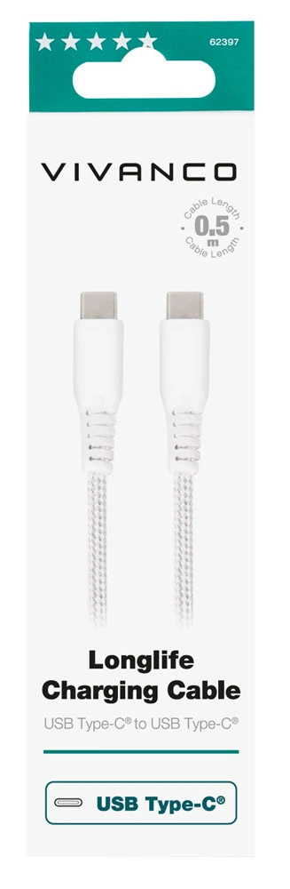 Vivanco Longlife USB-C/USB-C 2.0 kabel 0.5m Vit - 2862397