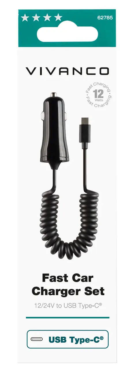 Vivanco Billaddare USB-C 2.4A med spiral kabel Svart - 2862785