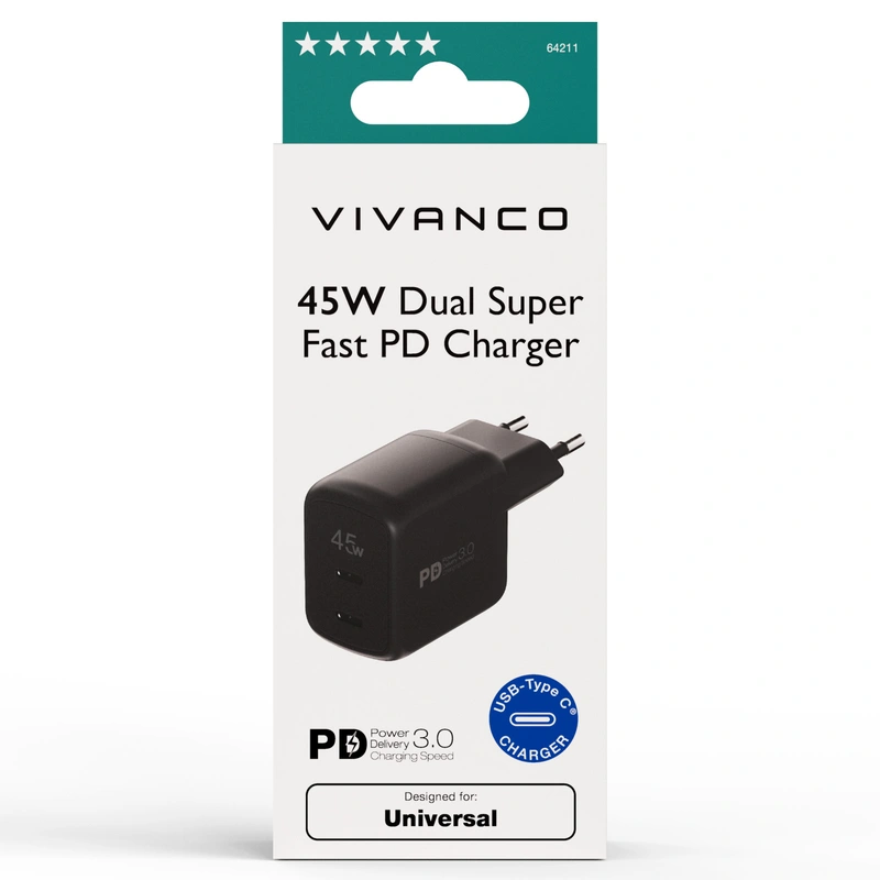 Vivanco Supersnabb 45W Dubbel Hemladdare Svart - 2864211