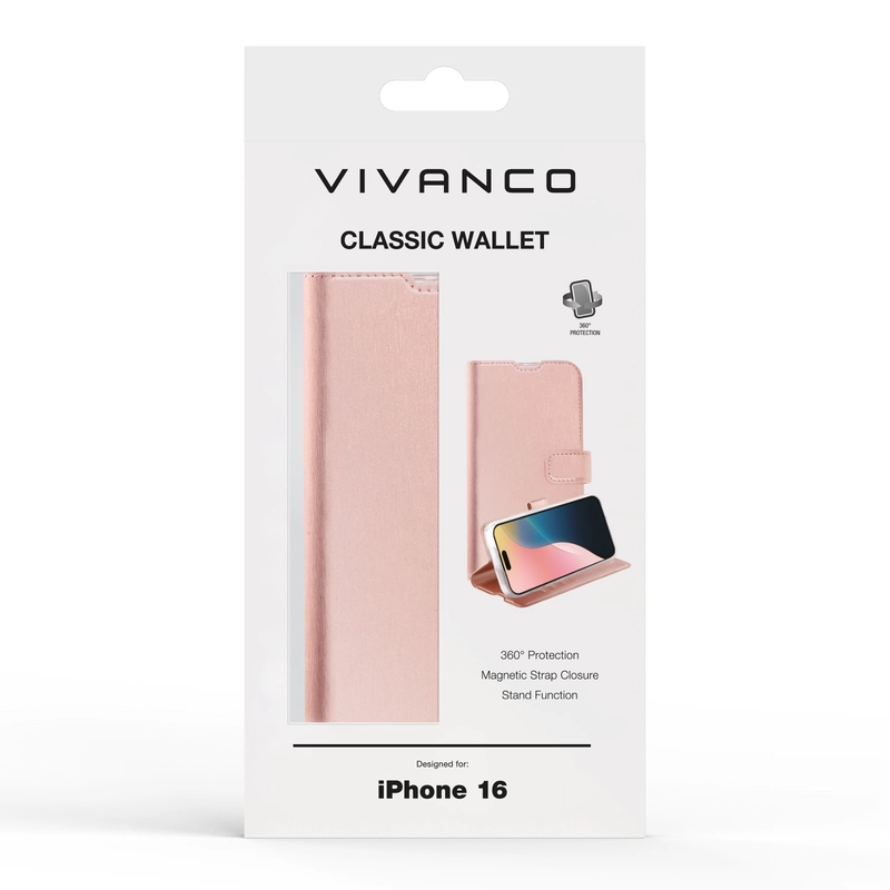 Vivanco Classic Plånboksfodral iPhone 16 Rosa Guld - 2864253