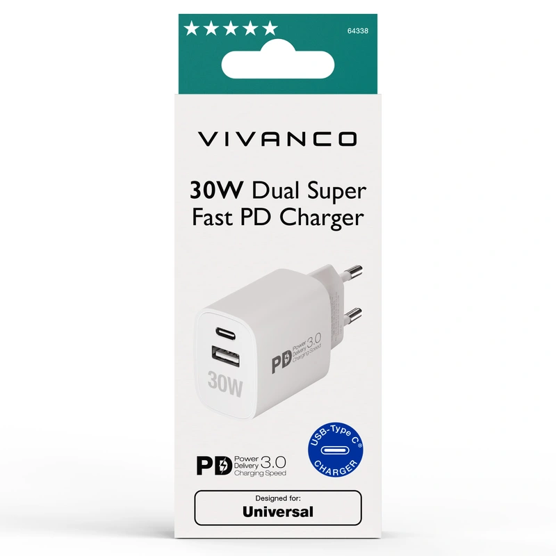 Vivanco Snabb GaN 30W 1xUSB-C PD / USB-A Hemladdare Vit - 2864338