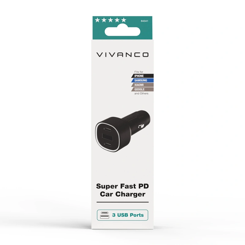 Vivanco Supersnabb 60W Billaddare 2xUSB-C 30W/1xUSB-A 18W - 2864341