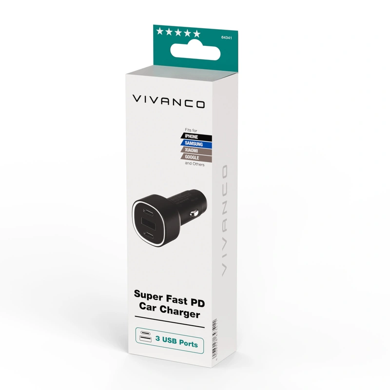 Vivanco Supersnabb 60W Billaddare 2xUSB-C 30W/1xUSB-A 18W - 2864341