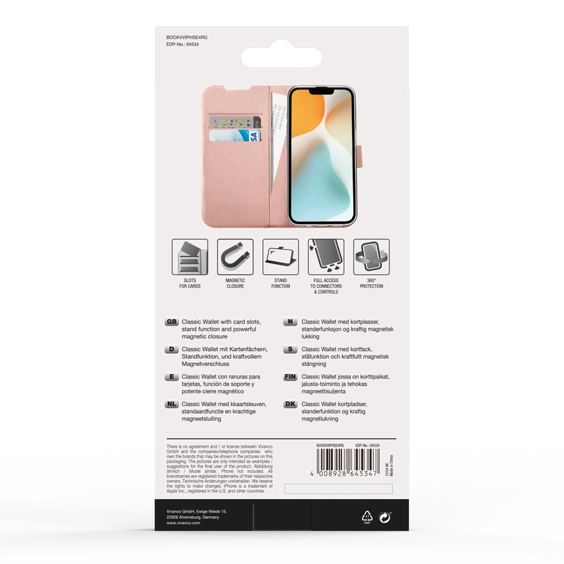 Vivanco Classic Plånboksfodral Apple iPhone 17e/16e Rosa Guld - 2864534